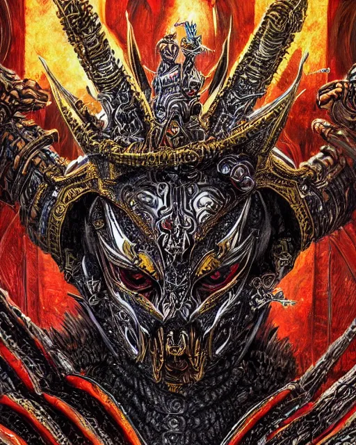 Image similar to a highly detailed portrait of ankou the evil lord staring with anger and wearing ornate armor made of sci fi panels and a gold death mask by philippe druillet, death and corruption, smooth, intricate, sinister, evil energy, souls of the dead, dark aura, matte painting, artstation, evild ark color scheme, dark fantasy sci fi, sharp focus, cgsociety