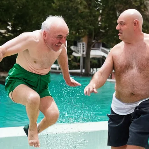 Image similar to mid white hair old man with green shirt and white short, jumping in the water with kevin o'leary