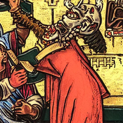 Image similar to realistic grom hellscream calmly giving judas iscariot money