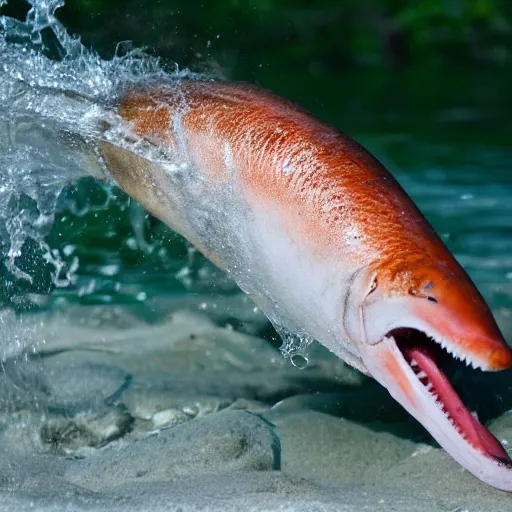 Prompt: a close - up photograph of a salmon with it's mouth open jumping out of the water. national geographic, fast shutter speed, 5 0 mm