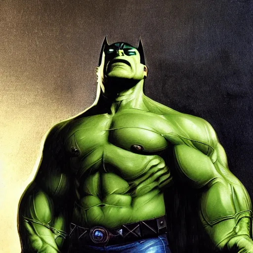 Image similar to the hulk as batman, 8 k, realistic, photo real, smooth, sharp, intricate detail, hyper detail, dramatic lighting, dramatic shading