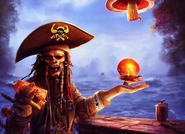 Image similar to a cool looking pirate eating magic mushroom, golden hour, fantasy, sharp focus, digital art, hyper realistic, 4 k, unreal engine, highly detailed, hd, dramatic lighting by brom, trending on artstation