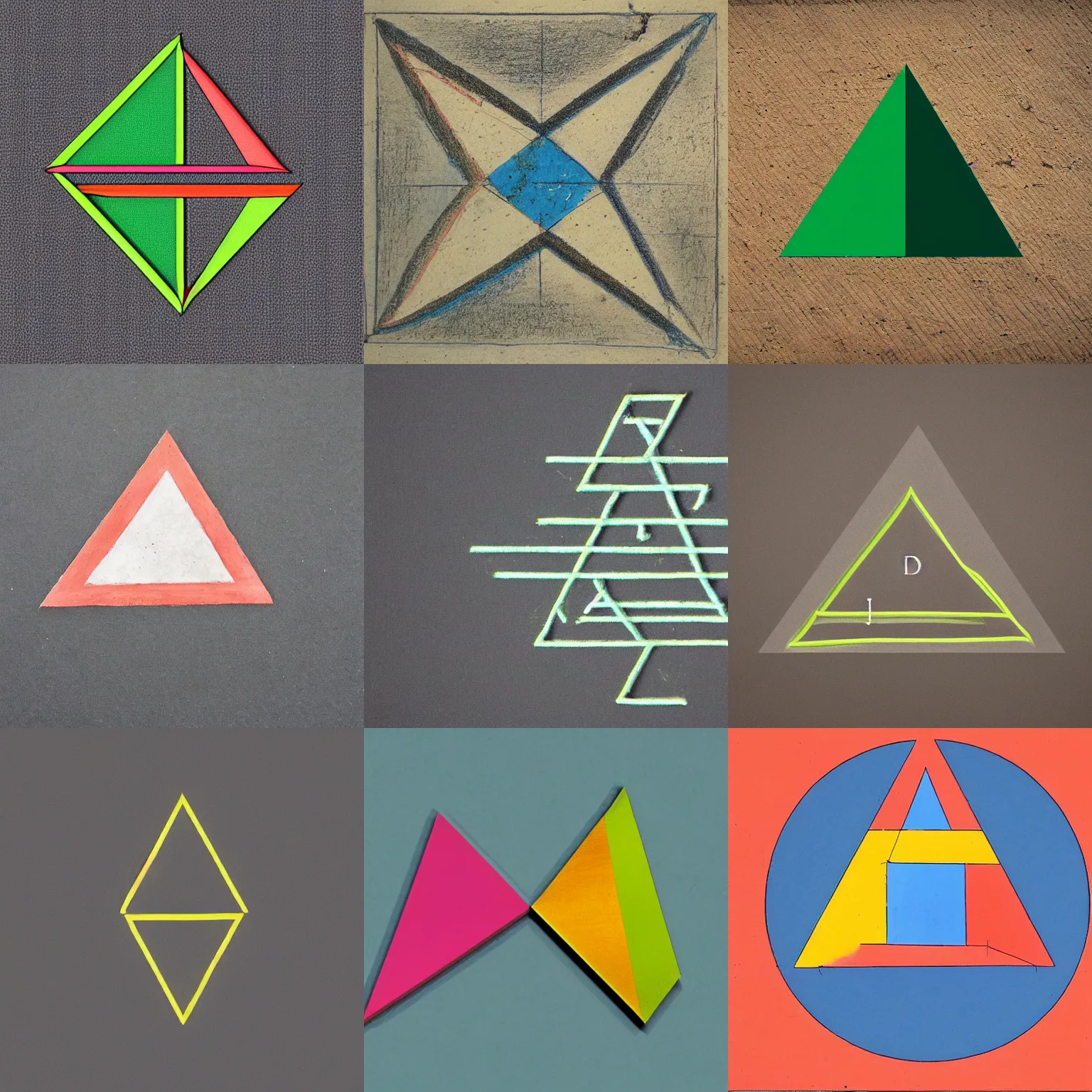 Prompt: Equilateral triangle separated into four segments diagonally by an X in the middle