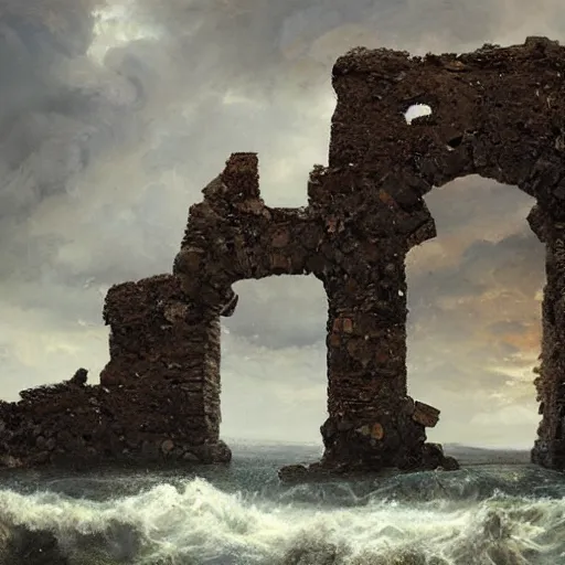 Prompt: Panorama view of ruined pieces from an ancient castle being lifted into the sky by a hurricane, flying island, oil painting, by Greg Rutkowski