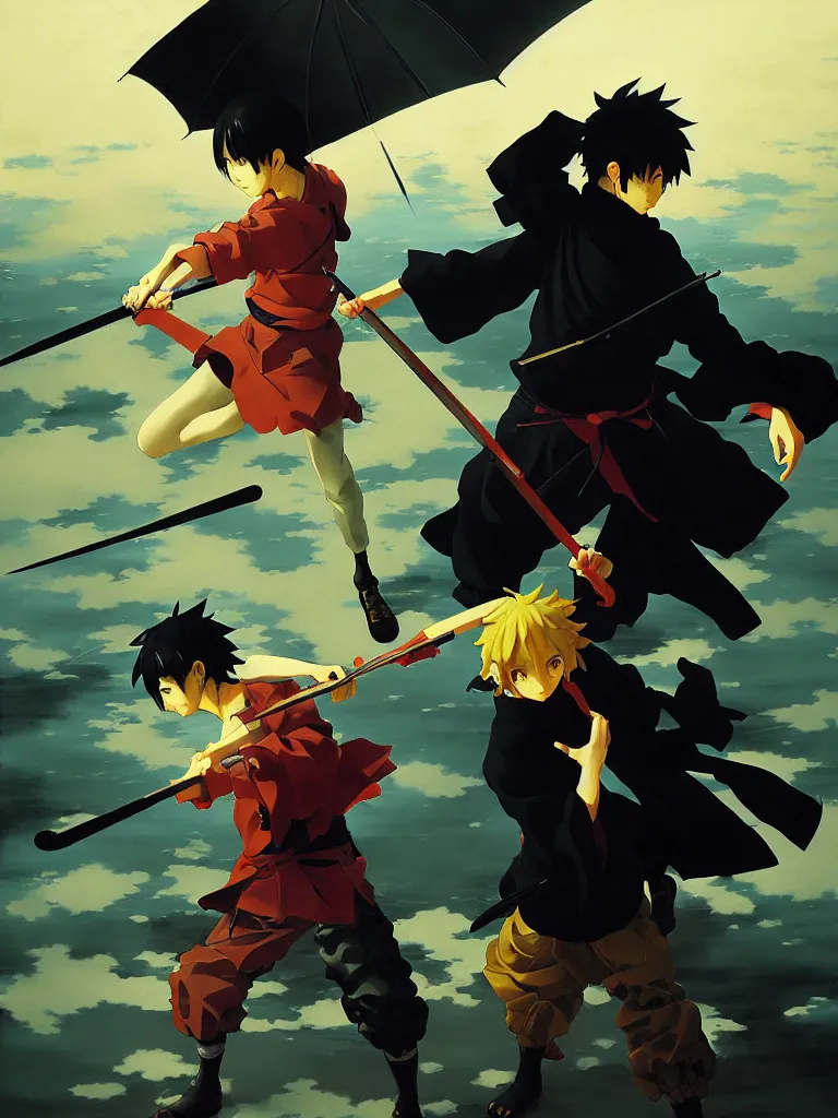 Image similar to baroque oil painting of key visual ninja duel, rain, rule of thirds golden ratio, fake detail, trending pixiv fanbox, acrylic palette knife, style of makoto shinkai ghibli takashi takeuchi yoshiyuki sadamoto jamie wyeth james gilleard greg rutkowski chiho aoshima