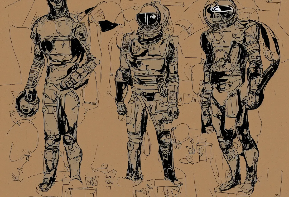 Image similar to male, heroic figure, space suit with a modern helmet, character sheet, science fiction, sketch, very stylized, digital art, illustration on kraft paper, shaded pen and ink, digital painting, by mike mignola, by alex maleev