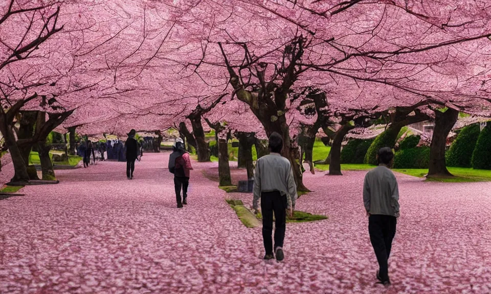 Prompt: WALK AMONG THE CHERRY BLOSSOMS, Old Japanese Farmer pushing cart down path of gigantic pink cherry blossom trees, by Roger Deakins and Moebius and Alphonse Much and Guweiz, Intricate details, very realistic, cinematic lighting, volumetric lighting, photographic