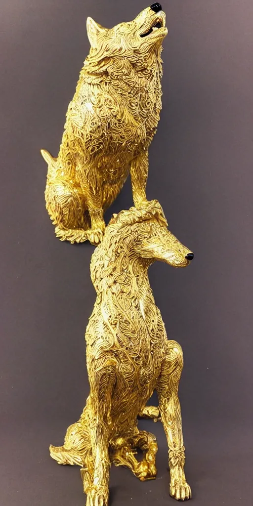 Image similar to gorgeous wolf statue with gold filigree