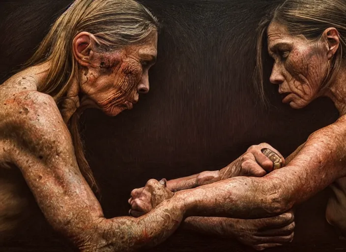 Image similar to photo, female arm wrestlers, woodland location, stefan kostic and david cronenberg, realistic, sharp focus, 8 k high definition, intricate, chiaroscuro, elegant, perfect faces, symmetrical face, extremely detailed, hypnotic eyes, realistic, fantasy art, masterpiece zdzislaw beksinski, national geographic, artgerm