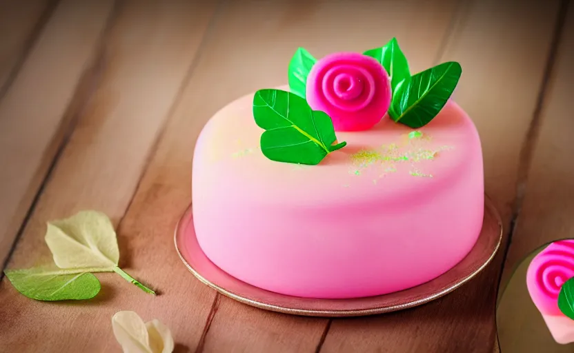 Prompt: A photo of a swedish princess cake from the side on a wooden table, covered with pink marzipan, some powder sugar and a green marzipan leaf in the center. Sunset. 4K. 8K Cinematic lighting. High detail. Realistic. Delicious.