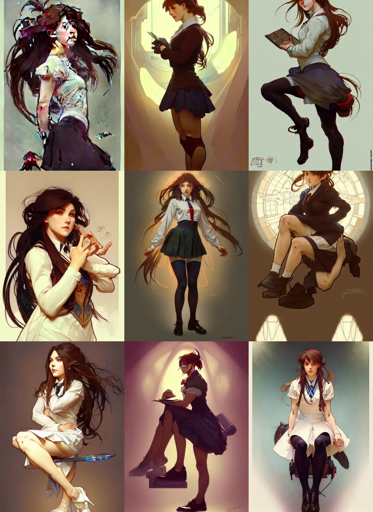 Image similar to a digital concept art by artgerm and greg rutkowski and alphonse mucha. clear portrait of a squatting attractive school girl in uniform!! sit on heels!! light effect. hyper detailed, character concept, glowing lights!! intricate, elegant, digital painting, artstation, smooth, sharp focus