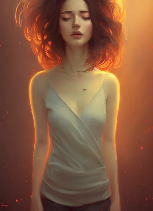 Image similar to handsome young women with shoulder length brown hair, smoke, foggy, half body shot, path traced, highly detailed, high quality, digital painting, alena aenami, lilia alvarado, shinji aramaki, karol bak, alphonse mucha, tom bagshaw