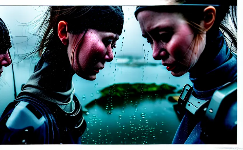 Image similar to cinestill 5 0 d candid photographic portrait by steve mccurry of two loving female androids sobbing wearing rugged black mesh techwear in treacherous waters, flooded city, medium closeup, retrofuturism cyberpunk moody emotional cinematic, pouring iridescent rain bright spotlight helicopter, 8 k, hd, high resolution, 3 5 mm, f / 3 2, ultra realistic faces, ex machina