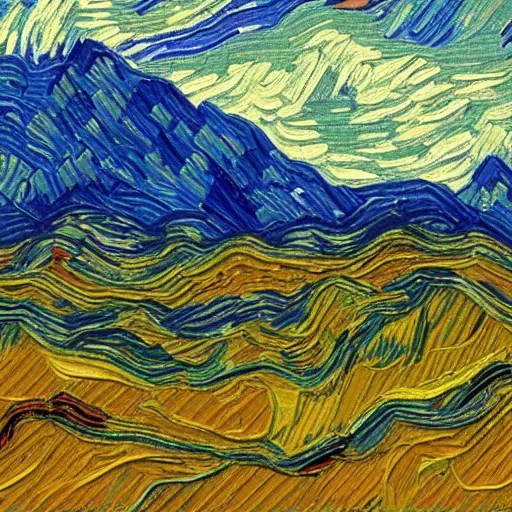 Image similar to Mountain Range in the style of Van Gogh and Chris van Dijk, 4k extreme detail, masterpiece of impressionism