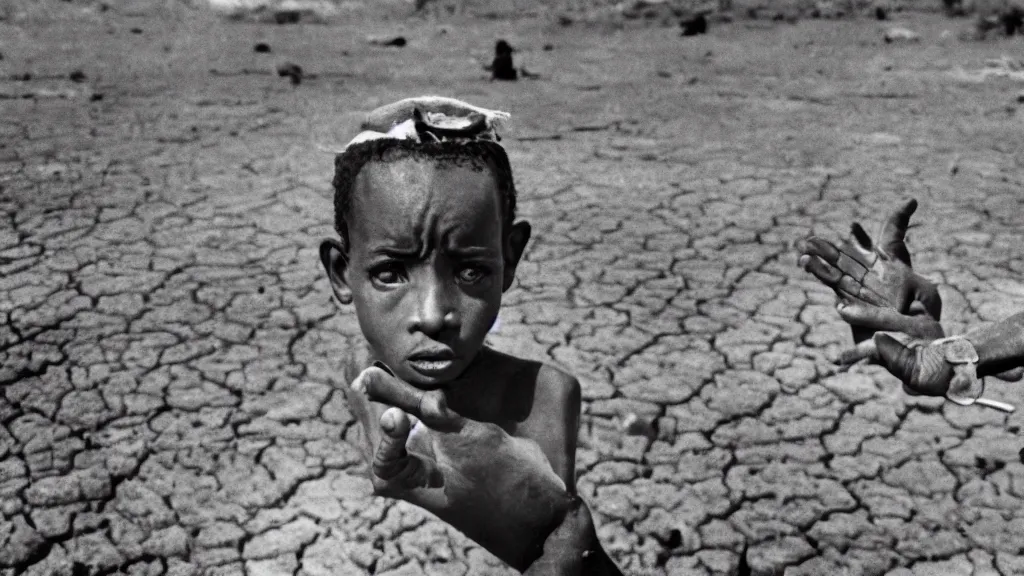 Prompt: 1 9 8 4 ethiopian famine and drought, moody, bbc television news, 8 k