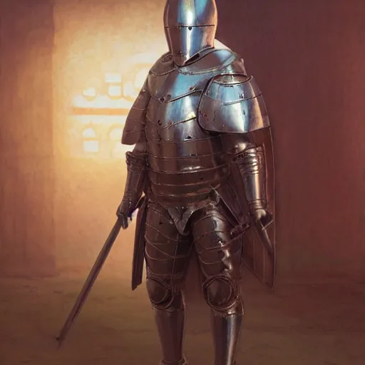 Image similar to knight armor, anthropomorphic shiba inu, medieval tavern, stuning 3 d render, masterpiece, glowing aura, by donato giancola and greg rutkowski and wayne barlow and zdzisław beksinski, realistic face