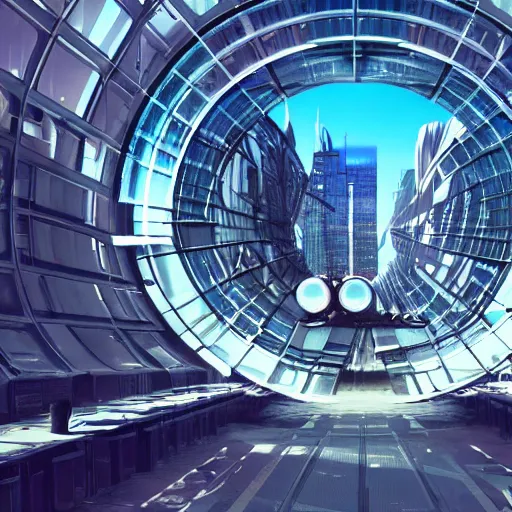 Image similar to centered circular derelict portal in a middle of a futuristic cityscape located under a bridgeway, world seen only through a portal, daylight, cinematic perspective, cinematic lighting, blue sky, syd mead, john harris, symmetrical