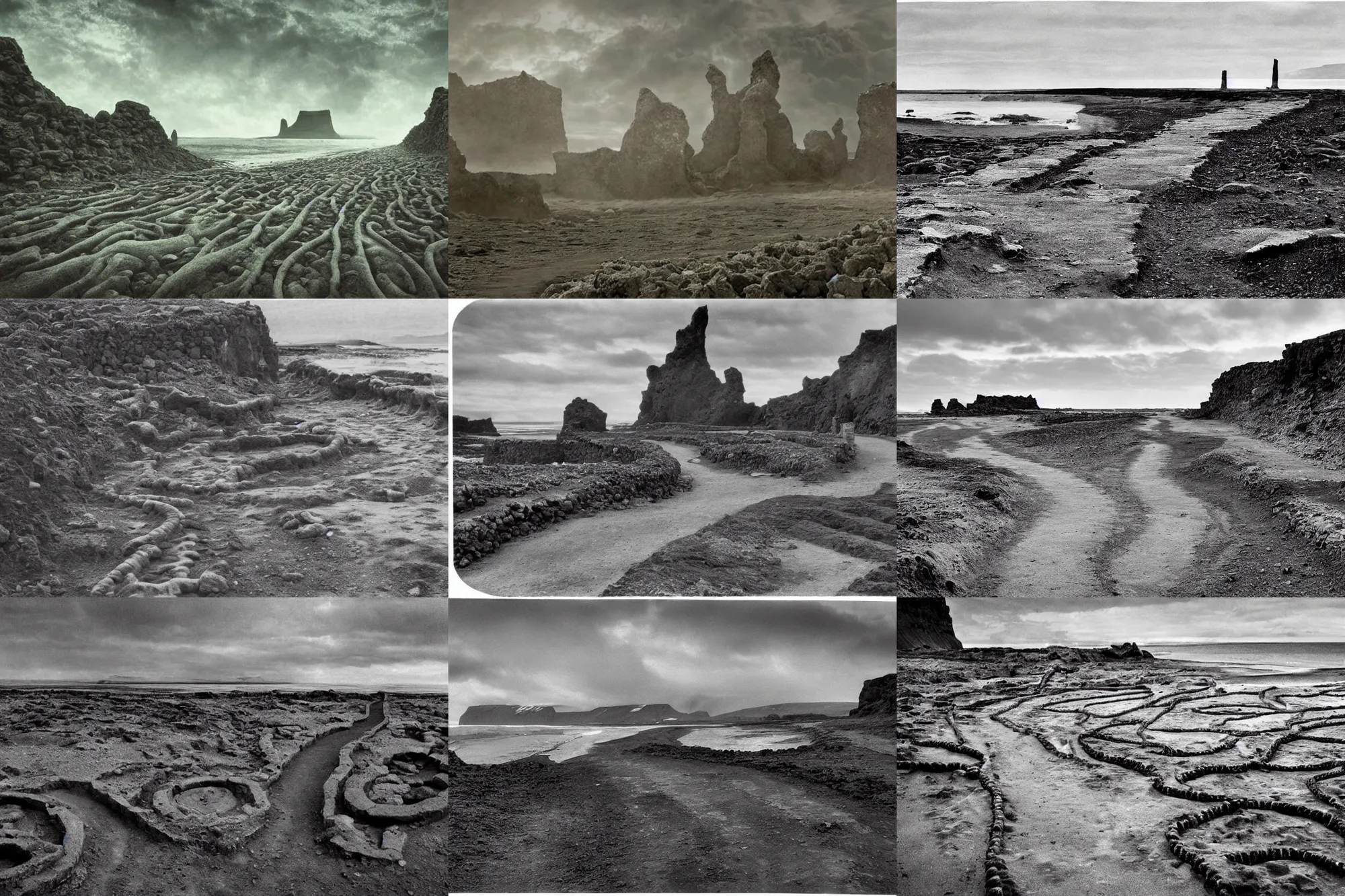 Prompt: Old photograph of ancient pathways on a beach on the north of iceland and roads into hell lined with stone humans and demons, ending at an unknown gateway deeper into hell, photorealistic, detailed, intricate