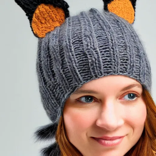 Prompt: a knitted hat that looks like a fox, very detailed, product photo