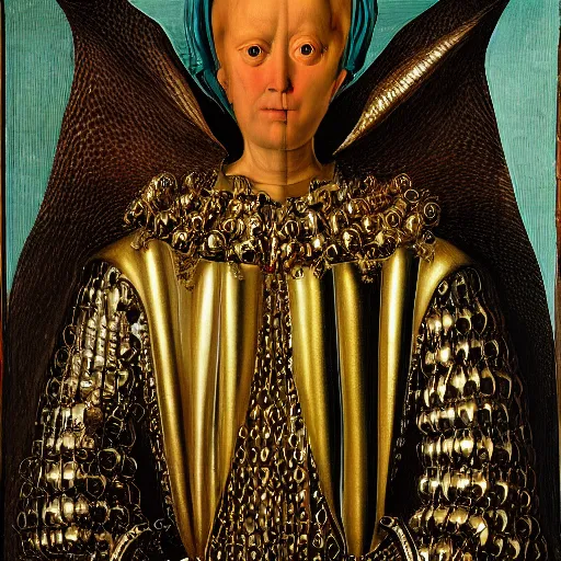 Image similar to a portrait of a shiny metallic renaissance robot, in the style of Jan van Eyck,