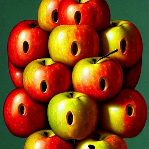 Image similar to apples arranged in the shape of a face, fantasy, intricate, elegant, highly detailed, lifelike, photorealistic, digital painting, artstation, illustration, smooth, sharp focus, art by giuseppe arcimboldo