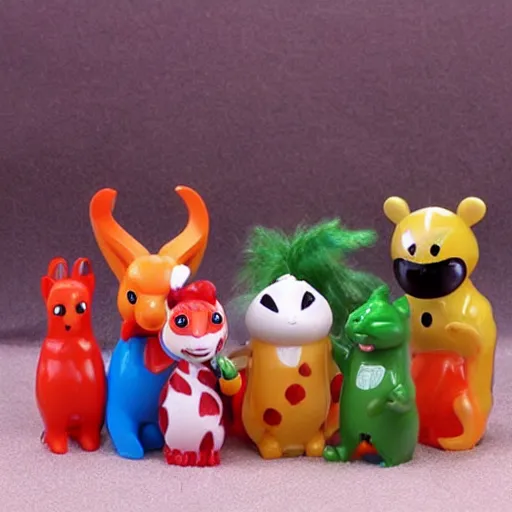 Image similar to some cute plastic toys that look like animal characters, forest colors