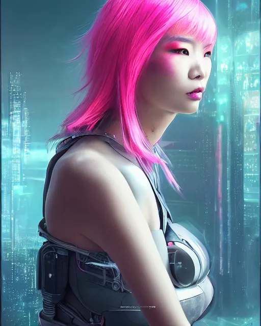 Image similar to portrait of a beautiful asian woman with pink hair as a cyberpunk cyborg half robot, sci - fi, missing panels, intricate abstract upper body intricate artwork, concept art, octane render, deviantart, cinematic, key art, hyperrealism, iridescent accents, portrait photograph, nikon 3 5 mm, photograph by greg rutkowski