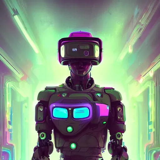 Image similar to cyberpunk concept cool warrior bot, night background, cinema 4 d, galaxy, ufo, space sci - fi, wearing vr goggles, illustration, portrait, pastel neon textured background night, trending on artstation, greg rutkowski, octane rendered, 1 2 k, detailed,