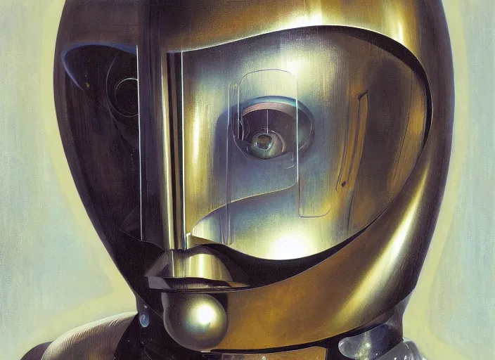 Prompt: a portrait headshot of sci fi metallic human, bright eyes, melancholic complex geometric figure liminal machinery by oskar schlemmer, moebius, john berkey, film grain, oil on canvas, portrait facial head, featured on artstation, hd wallpaper, 8 k