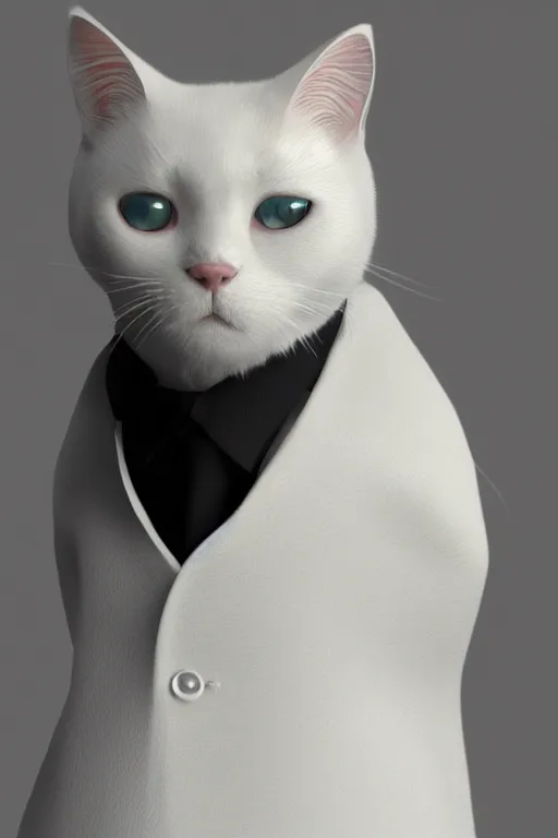 Image similar to a white cat wearing a formal overcoat, hyperrealistic, concept art, octane render, unreal engine 5, trending on DeviantArt, highly detailed, high quality, 8K, soft lighting, cute, natural lighting, realistic face, trending on Artstation, elegant clothes, profile picture, path traced, house background