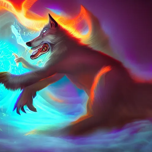 Image similar to wizard is casting magic spells as a wolf, dynamic pose, chromatic aberration, medium level shot, fantasy, illustration, concept art,