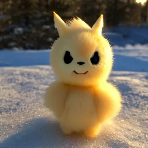 Image similar to real life ice pokemon, cute!!!, content!!!, mischievous!!!, adorable!!!, fluffy!!!, ultra realistic!!!, golden hour, sharp focus