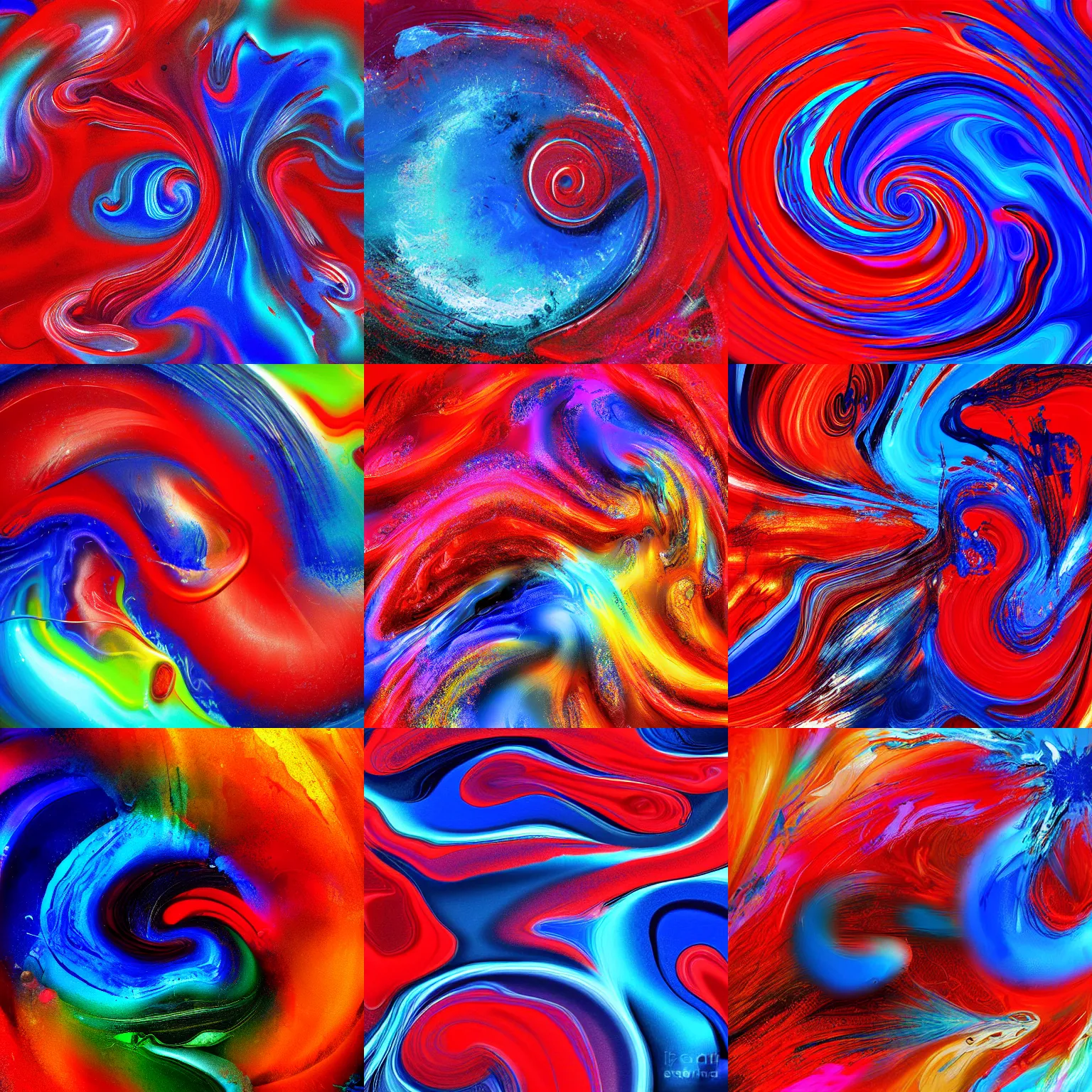 Prompt: swirling liquids, paints mixing, blue and red, digital art