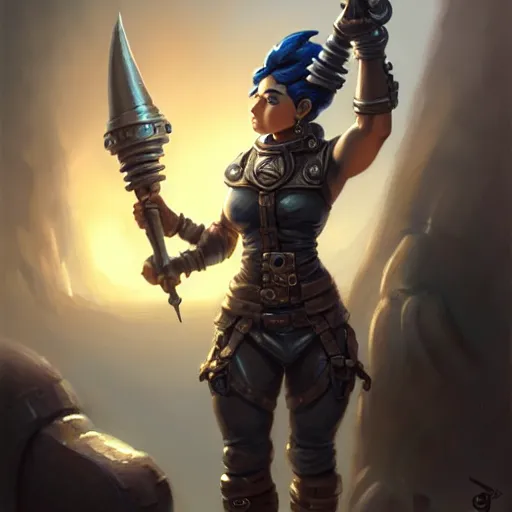 Image similar to muscular female gnome engineer artificer, metal gauntlet, short black hair, naval landscape, full body portrait, d & d, fantasy, intricate, elegant, highly detailed, digital painting, artstation, centred, rule of thirds, concept art, matte, sharp focus, illustration, cover by artgerm, art by greg rutkowski