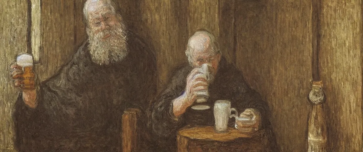 Image similar to a medieval monk drinking a mug of beer in his cell; detailed; a painting by Claude Monet