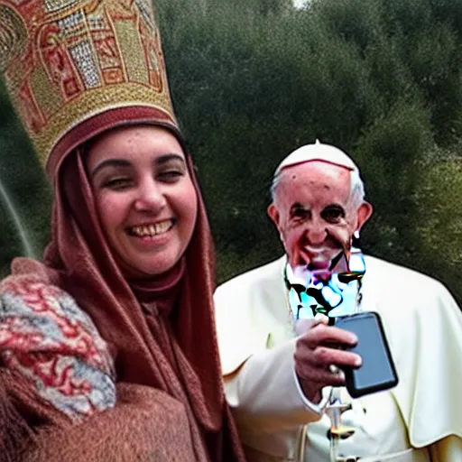 Image similar to Isis taking a selfie with the pope , professional photograph 8000 BC