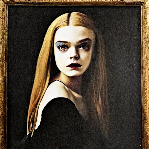 Prompt: a striking esoteric painting of Elle Fanning, dark, metal, black background, occult, by Johannes Vermeer