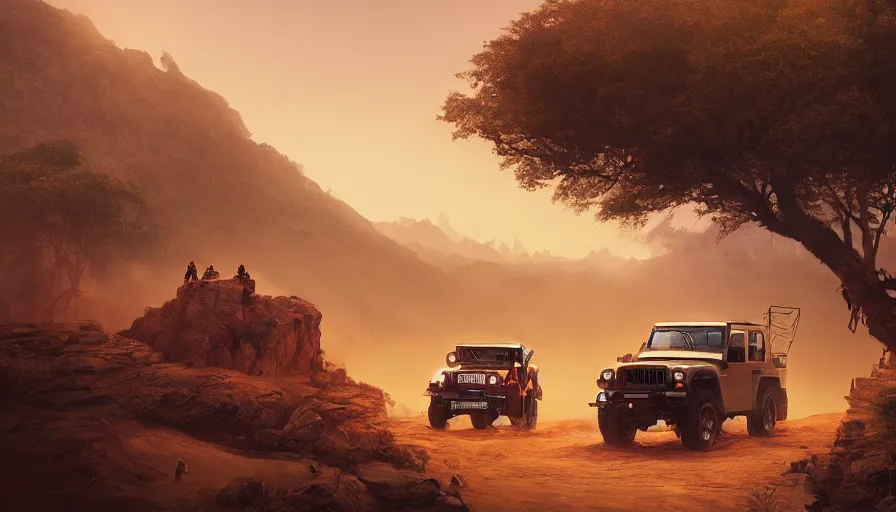 Image similar to Mahindra thar, tribe members watching nearby, an epic fantasy, dramatic lighting, cinematic, establishing shot, extremely high detail, photorealistic, shot on red camera, cinematic lighting, artstation, by simon stalenhag, shadow of the tomb rider
