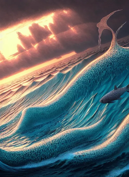 Image similar to a hyper - detailed 3 d render of aquatic animals @ of the cresting waves at dusk, surrealism!!!!! surreal concept art, lifelike, photorealistic, digital painting, aesthetic, smooth, sharp focus, artstation hd, by greg rutkowski, bruce pennington, valentina remenar and asher duran,