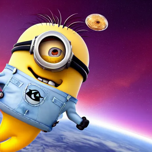Image similar to minion in space, outside of a rocket, in a spacesuit, chasing a banana, hyperrealistic render, highly detailed, 4k, artstation