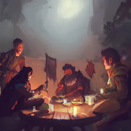 Image similar to A party of adventurers resting in camp at night, D&D, fantasy, digital painting, detailed, artstation, pixiv, Krenz Cushart, Greg Rutkowski