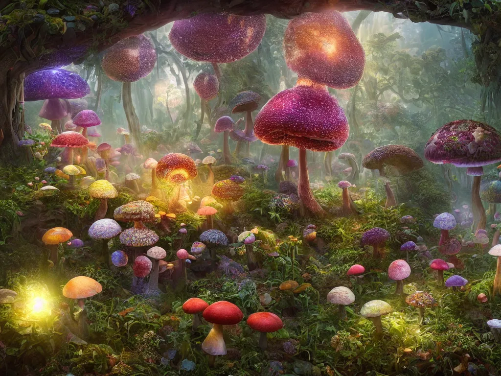 Prompt: The universe is a spheroid region of forest of enchanted mushrooms, 3d render, Sunlight Study, by Rachel Ruysch and ((((Lisa Frank)))), Art Nouveau, 8k, extreme detail, sharp focus, octane render