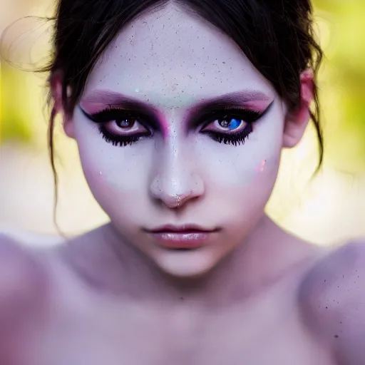 Prompt: photograph portrait of a beautiful alien, feminine, iridescent eyes, intricate detail, sigma 85mm f/1.4, 4k, depth of field, high resolution mode, 4k, 8k, hd