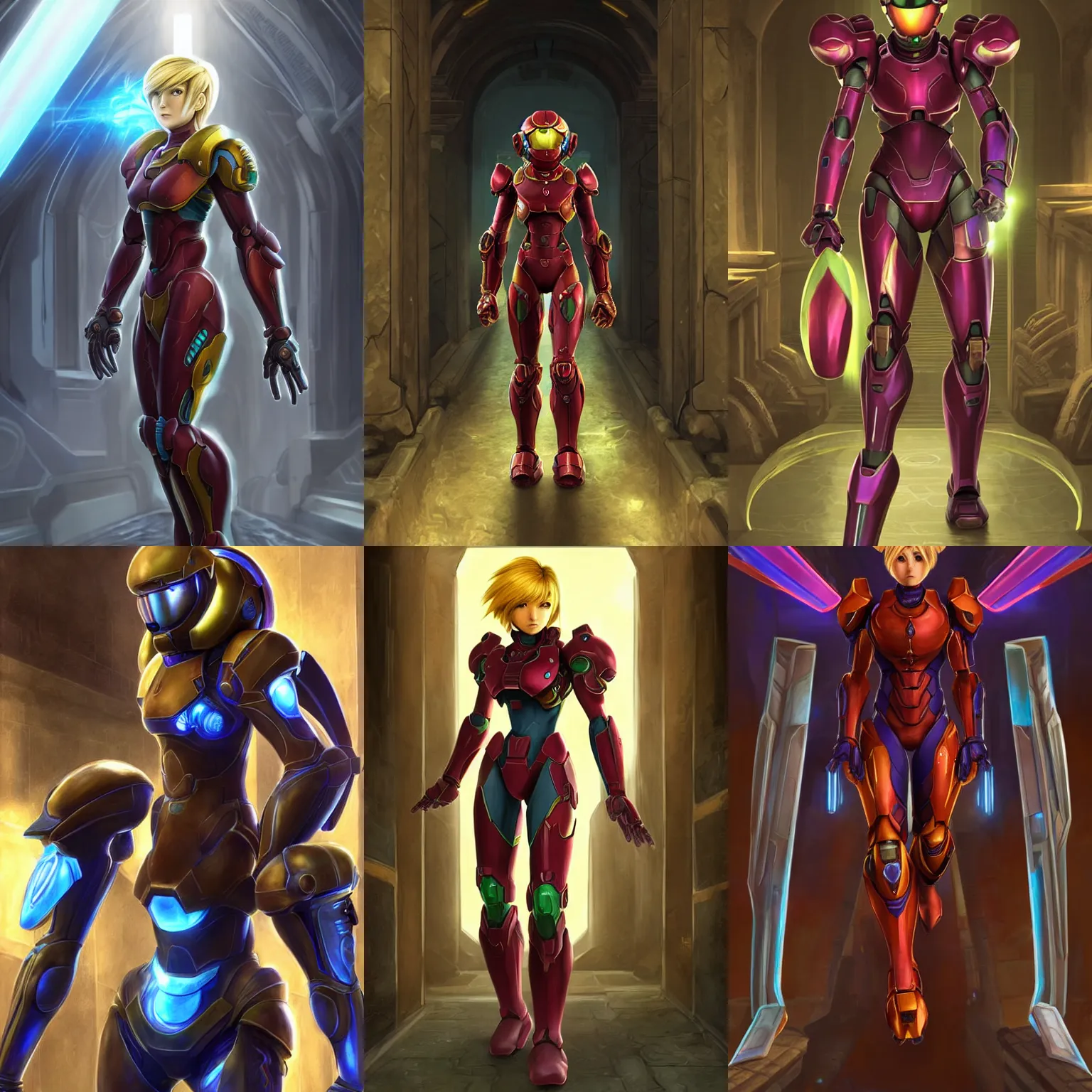 Prompt: character portrait of samus aran from metroid wearing combination halo armor and varia suit walking cautiously through an ancient temple hallway, 8 k, realistic shading, symmetrical face details, digital painting, matte painting, concept art, illustration, halo infinite, metroid, good value control, vibrant colors, john singer sargent