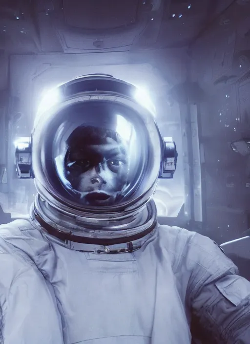 Prompt: concept art by craig mullins astronaut in futuristic dark and empty spaceship underwater selfie! infrared glowing lights. complex and hyperdetailed technical suit. reflection and dispersion materials. rays and dispersion of light. volumetric light. 5 0 mm, f / 3 2. noise film photo. flash photography. unreal engine 4, octane render. interstellar movie art