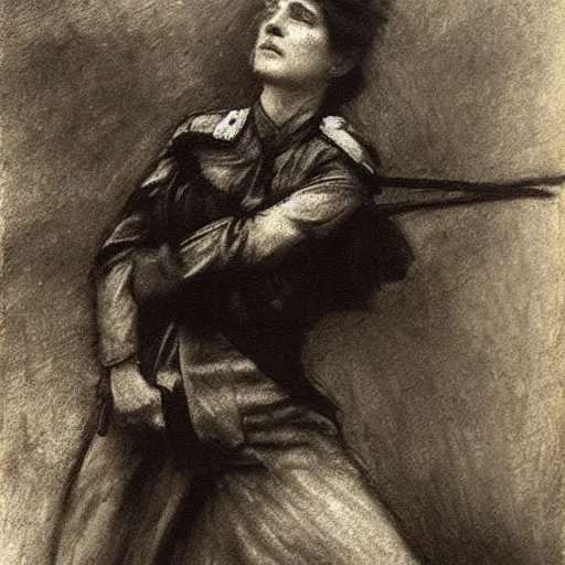 Image similar to ww 1 action heroine by alfred stevens in charcoal