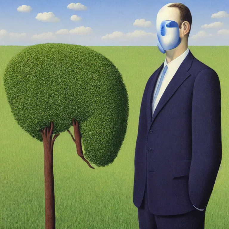 Prompt: portrait of a faceless masked - head man in a suit, clouds and nature landscape in the background, by rene magritte, detailed painting, distance, centered, hd, hq, high resolution, high detail, 4 k, 8 k