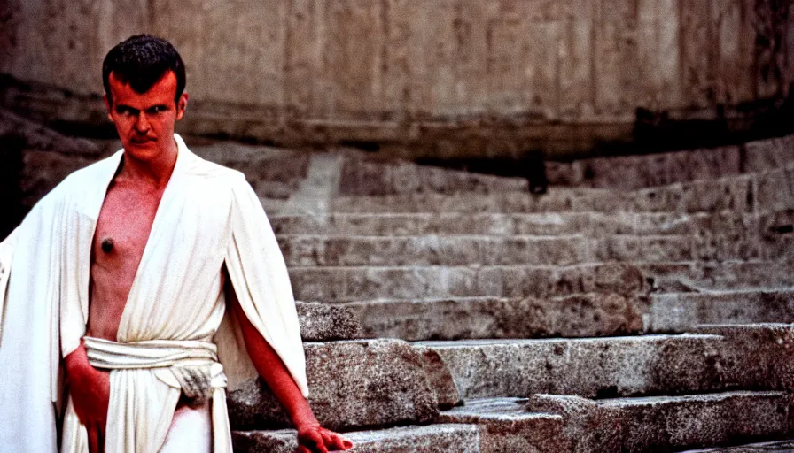 Image similar to 1 9 6 0 s movie still close - up of caligula in a white toga dead on the ancient amphitheater's stairs, cinestill 8 0 0 t 3 5 mm, high quality, heavy grain, high detail, dramatic light, anamorphic, blood