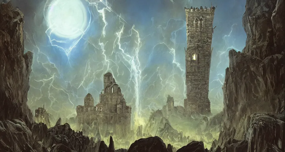 Image similar to concept art of'the watchtower of the golden key'from the modern supernatural arcane magical thriller tabletop rpg'mage : the awakening ', by david mattingly and alan lee and michael whelan and michael william kaluta and francisco goya. realistic 8 k matte painting with photorealistic hd lighting.