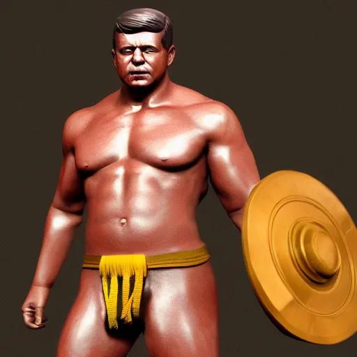 Prompt: john f kennedy as an amazon warrior, muscles, muscles, 4 k, octane render, volumetric lighting, unreal engine, raytacing